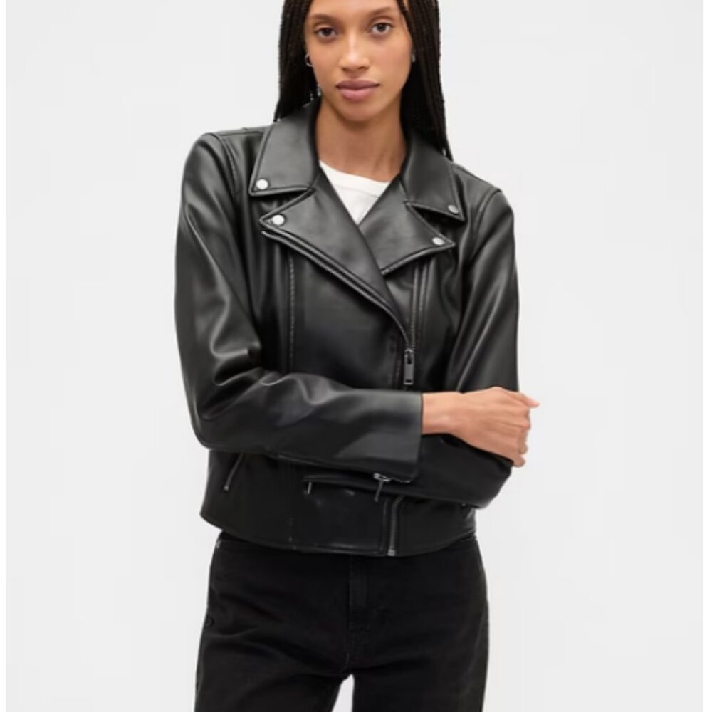GAP-Black Vegan-Leather Moto Jacket, Size Medium
